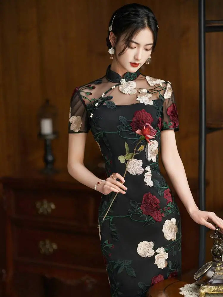 Black Lace Embroidered Flower Cheongsam Spring Summer New Retro Improved Young women's Clothing Women Elegant Daily Qipao - Seprincess