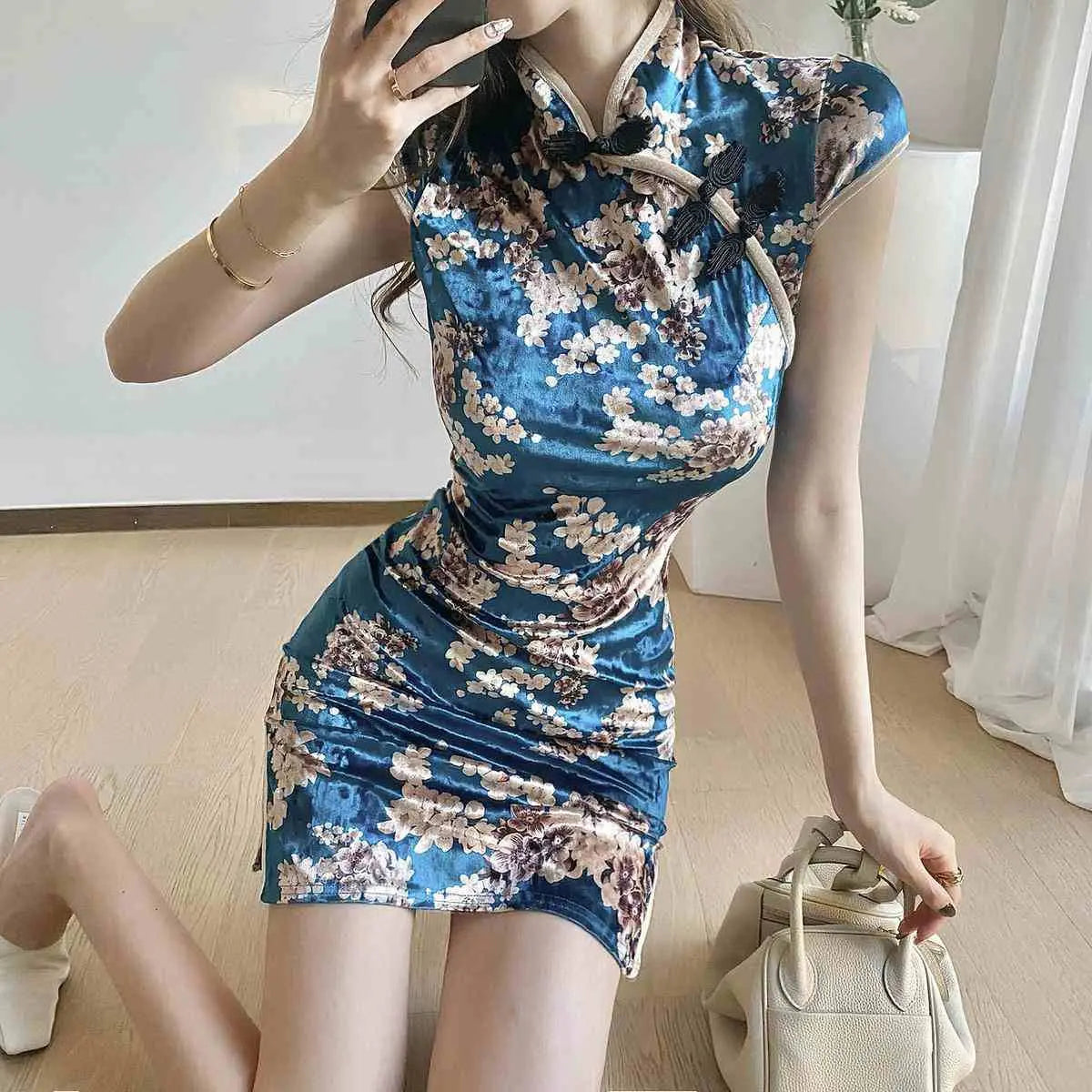 Chinese Dress Pink Sexy Qipao Dresses Cheongsam Dress Velvet Retro Printed Cheongsams Mini Qipao China Dress Robe Chinoise - Seprincess