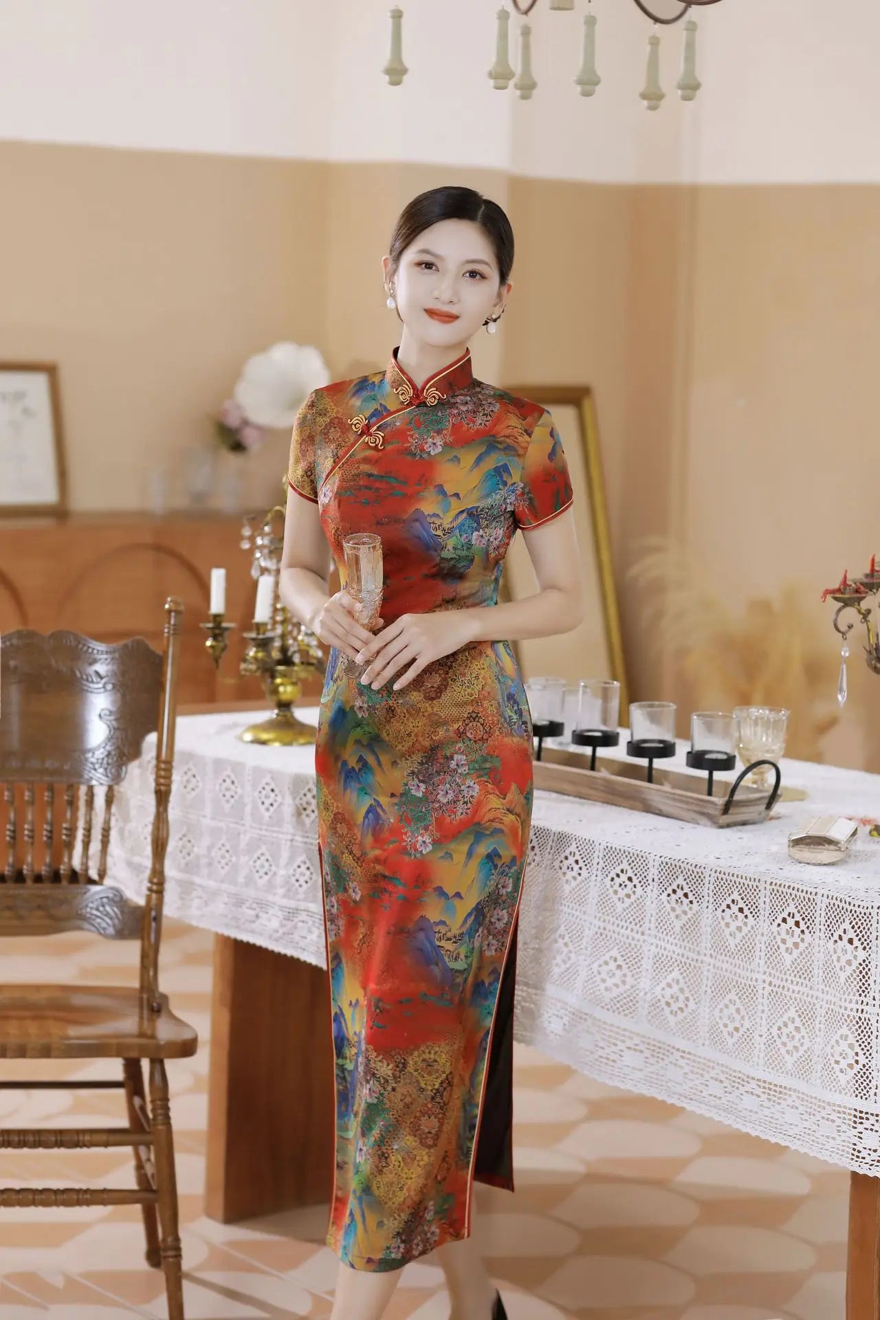 Chinese Style Cheongsams Woman Traditional Dress Floral Print Qipao Satin Vestido Para Mujer Slitting Hem Bodycon Large Size 5Xl - Seprincess