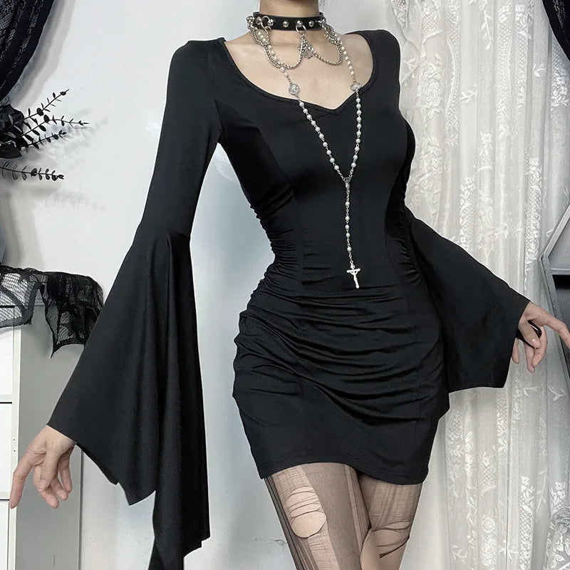 goth dark Cospaly Partywear Women Fashion Batwing Sleeve Mini Dress Elegant Slim Pleat Bodycon Dresses Mall Gothic Alt Teachwear - Seprincess