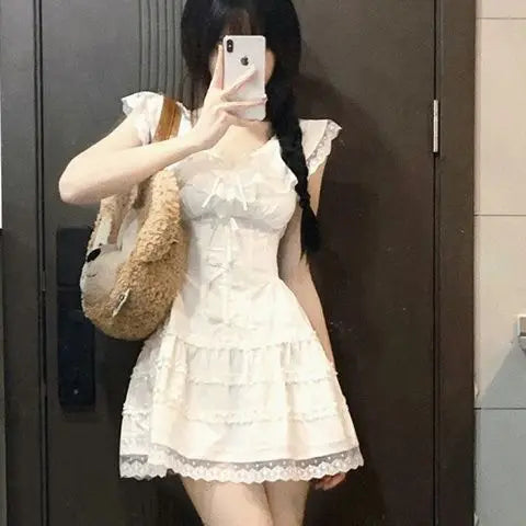 QWEEK Y2k Coquette White Lolita Sweet White Kwaii Cute Mini Dress Women Lace Bow Princess Slip Lace Short Dresses 2024 Fashion - Seprincess