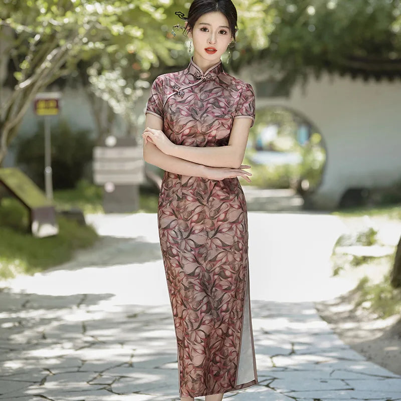 Summer Handmade Printed Satin Long Qipao Traditional Chinese Mandarin Collar Short Sleeve Cheongsam - Seprincess