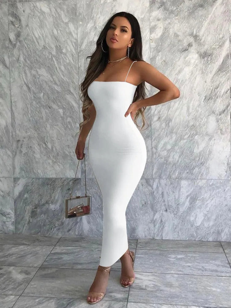 Spaghetti Strap Black Bodycon Dress White Club Outfits For Women Clothing Summer Long Evening Dresses Elegant Vestidos De Mujer - Seprincess