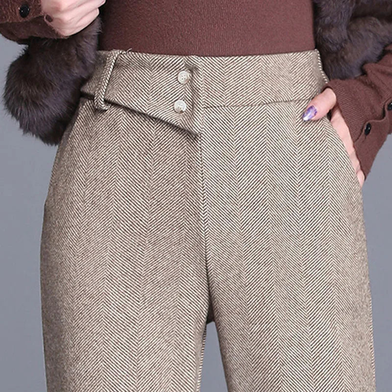 Winter Warm Slim Velvet Lined Flare Pants Women Elastic High Waist Thicken Woolen Wide Leg Pantalones Casual Wool Blend Calca