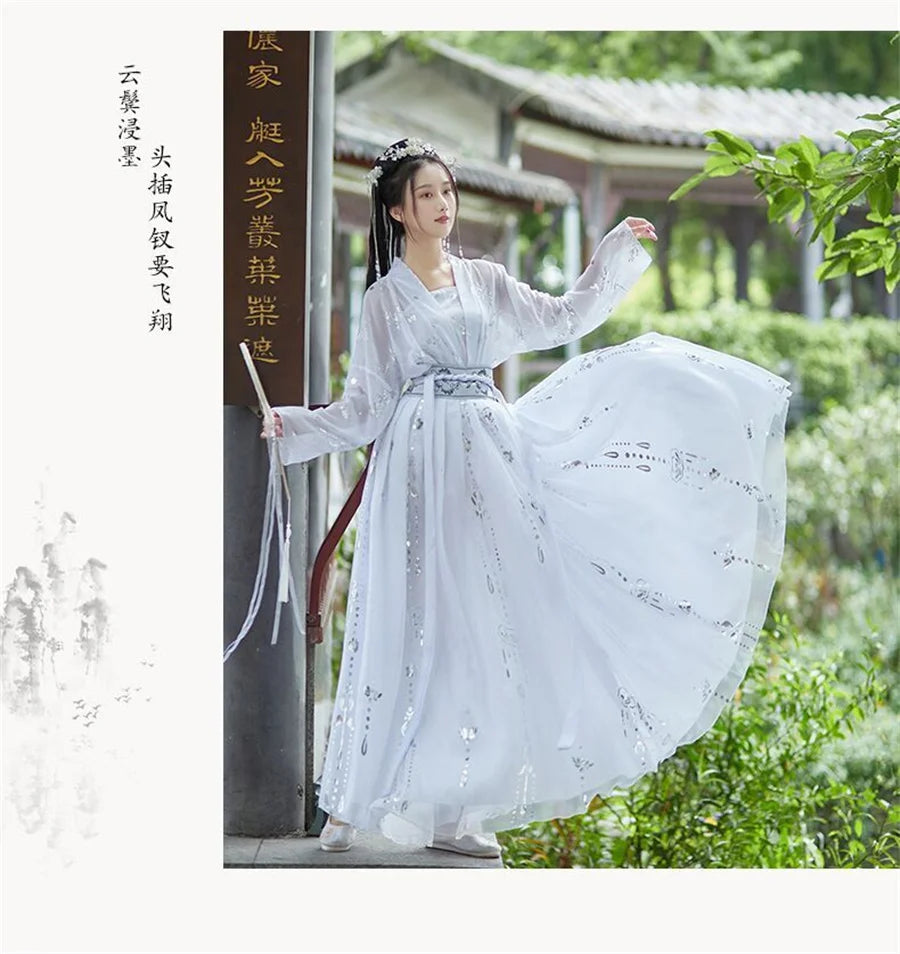 Chinese Hanfu Dress Women Traditional Vintage Hanfu Halloween Cosplay Costume Dance Dress Hanfu Gradient Red white 4pcs Sets - Seprincess