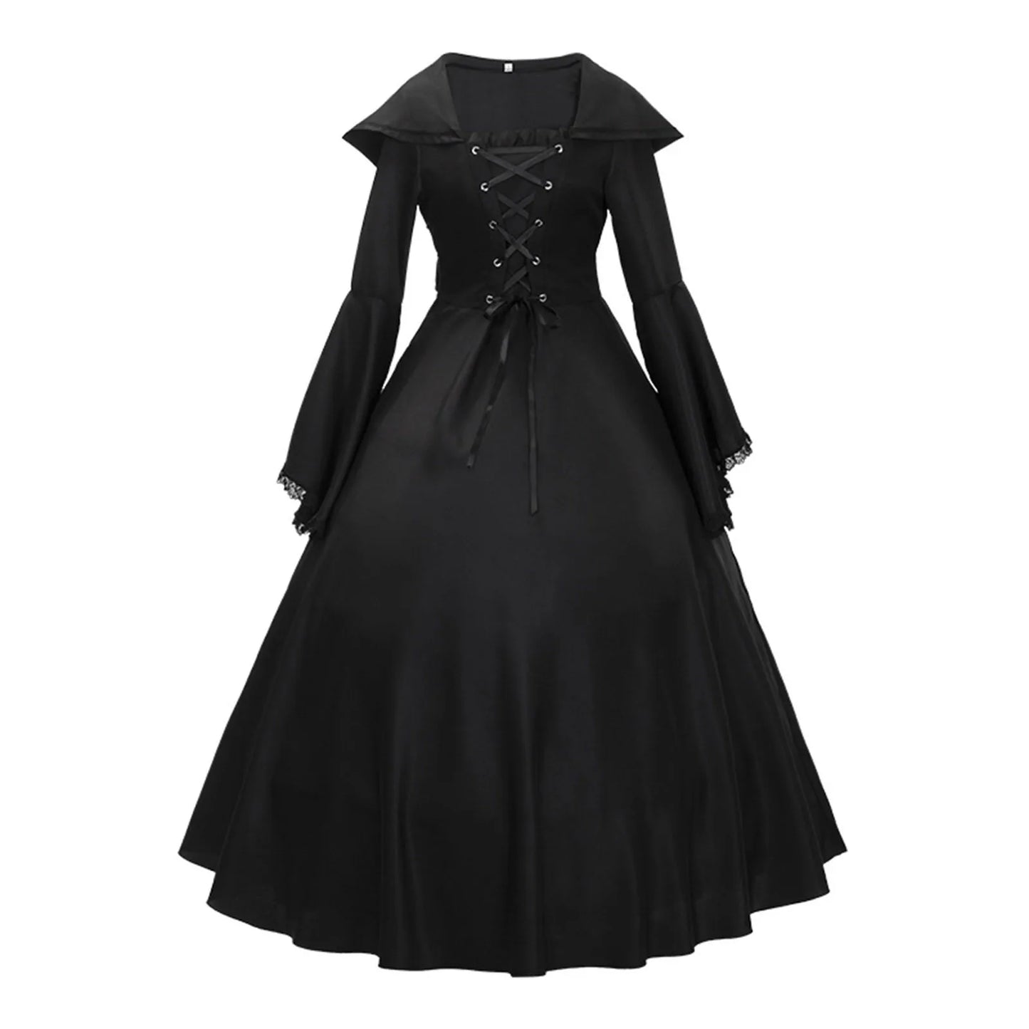 Gothic Medieval Dresses Retro Fashion Big Swing Long Sleeve Lace Up Hooded Dress Lace Flare Sleeve Dress Halloween Costumes - Seprincess