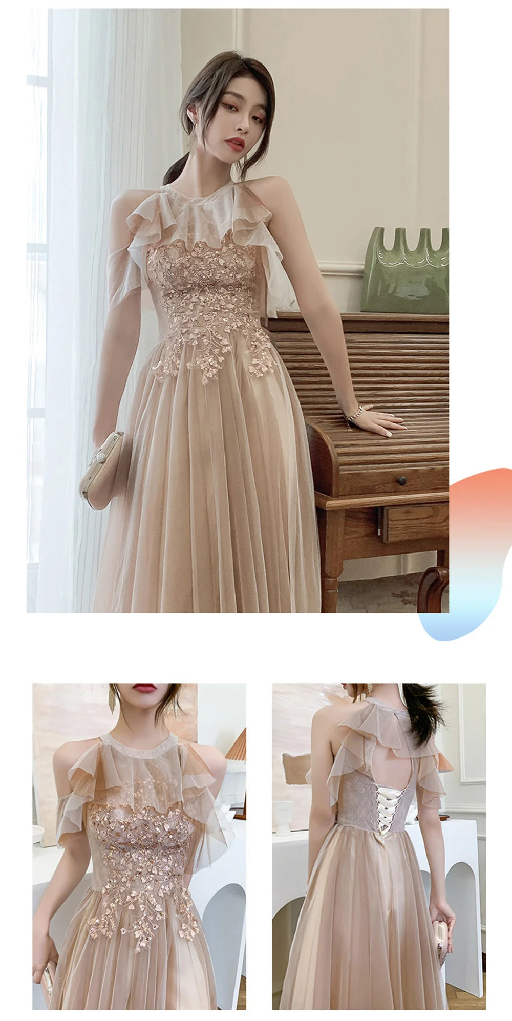 4 styles Champagne Pink Bridesmaid Dress Women's Elegant Off Shoulder Ruffles Sleeves Gown Sequins Flower Applique Vestido - Seprincess