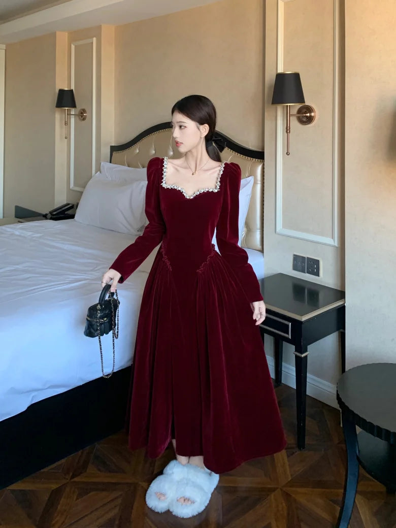 Vintage Evening Party Velvet Dresses for Woman Elegant Fashion Wedding Birthday Prom Long Sleeves Female Clothing Black Robe - Seprincess