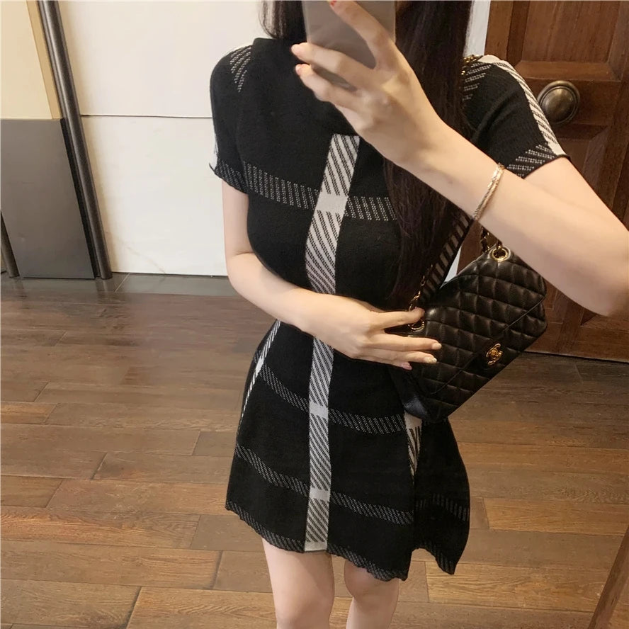 Luxury Brand Design 2024 Summer Knit Elastic Black Short Sleeve Dress For Women Fashion Mini Slim Vestidos Skirt Clothes - Seprincess