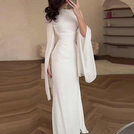 Fashion Satin Solid Robe Dress Ladies Temperament O-neck Slim Evening Dress Elegant Batwing Sleeves High Waist Pleats Long Dress - Seprincess