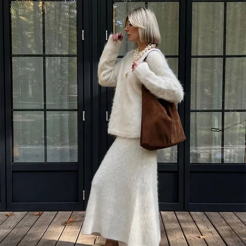 Fashion Solid Mohair Knit Long Skirt Sets Women O Neck Full Sleeves Pullover Sweater Autumn Female High Street Commute Outfits - Seprincess