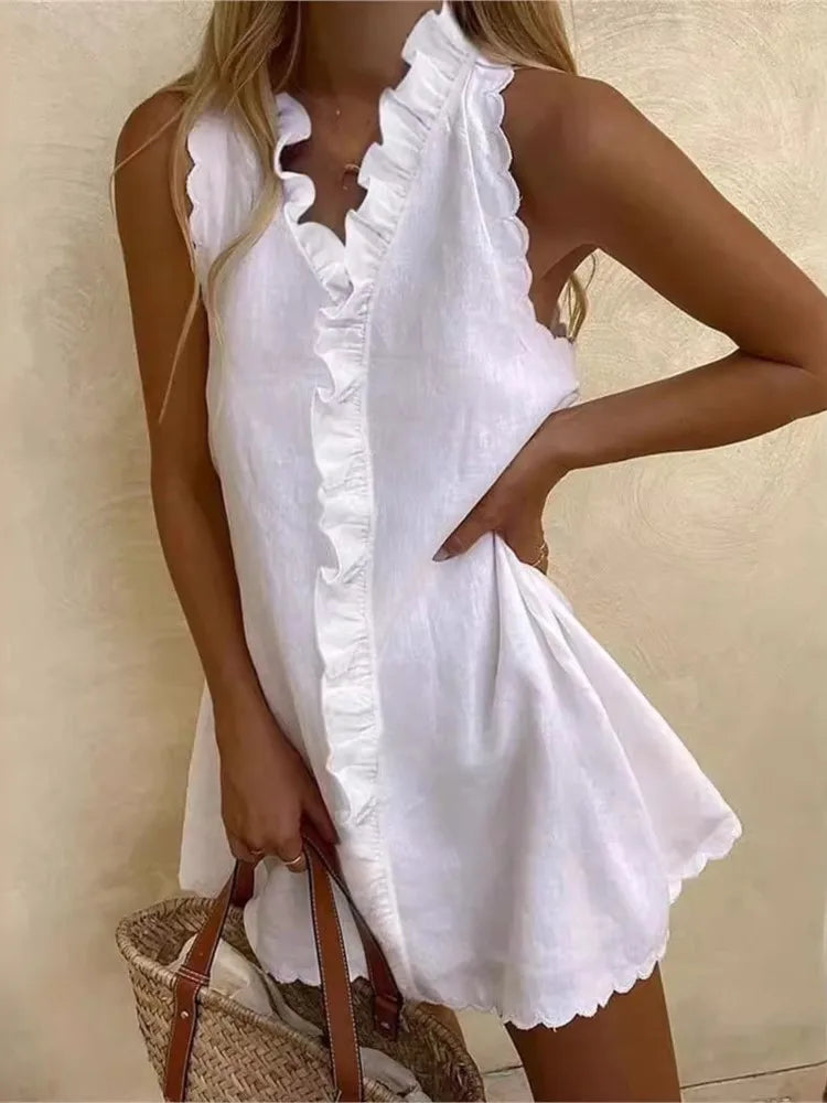 New Women Casual Cotton And Linen White Dress Summer V Neck Ruffles Sleeveless Elegant Boho Beach Party Mini Dresses Female Robe - Seprincess