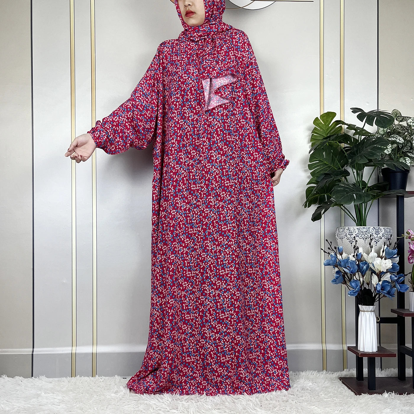 2024Latest Muslim Abayas For Women Ramadan Prayer Maxi Dubai Turkey Femme Cotton Robe Floral Loose African Dress Turban Attached