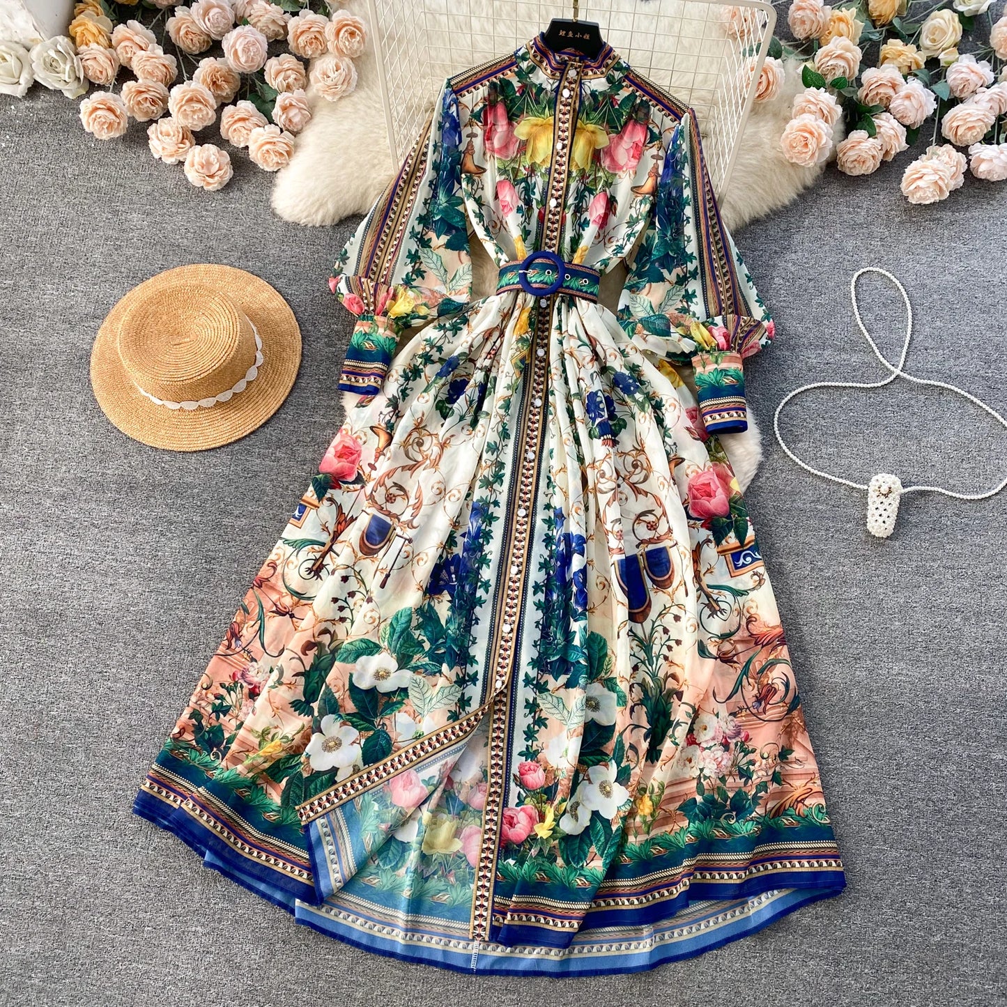 Spring Summer Holiday Gorgeous Flower Chiffon Dresses Women's Stand Long Lantern Sleeve Belt Floral Print Loose Robe Vestidos - Seprincess