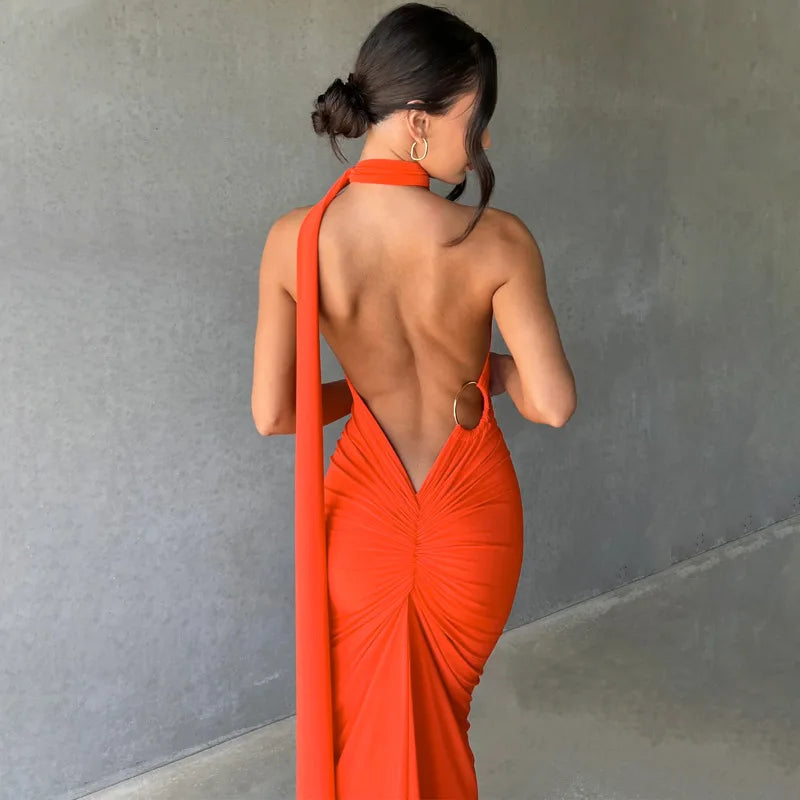 Womens Elegant Evening Party Cocktail Long Dress Sexy Backless Open Back Ruched Slim Bodycon Formal Wedding Guest Maxi Dress