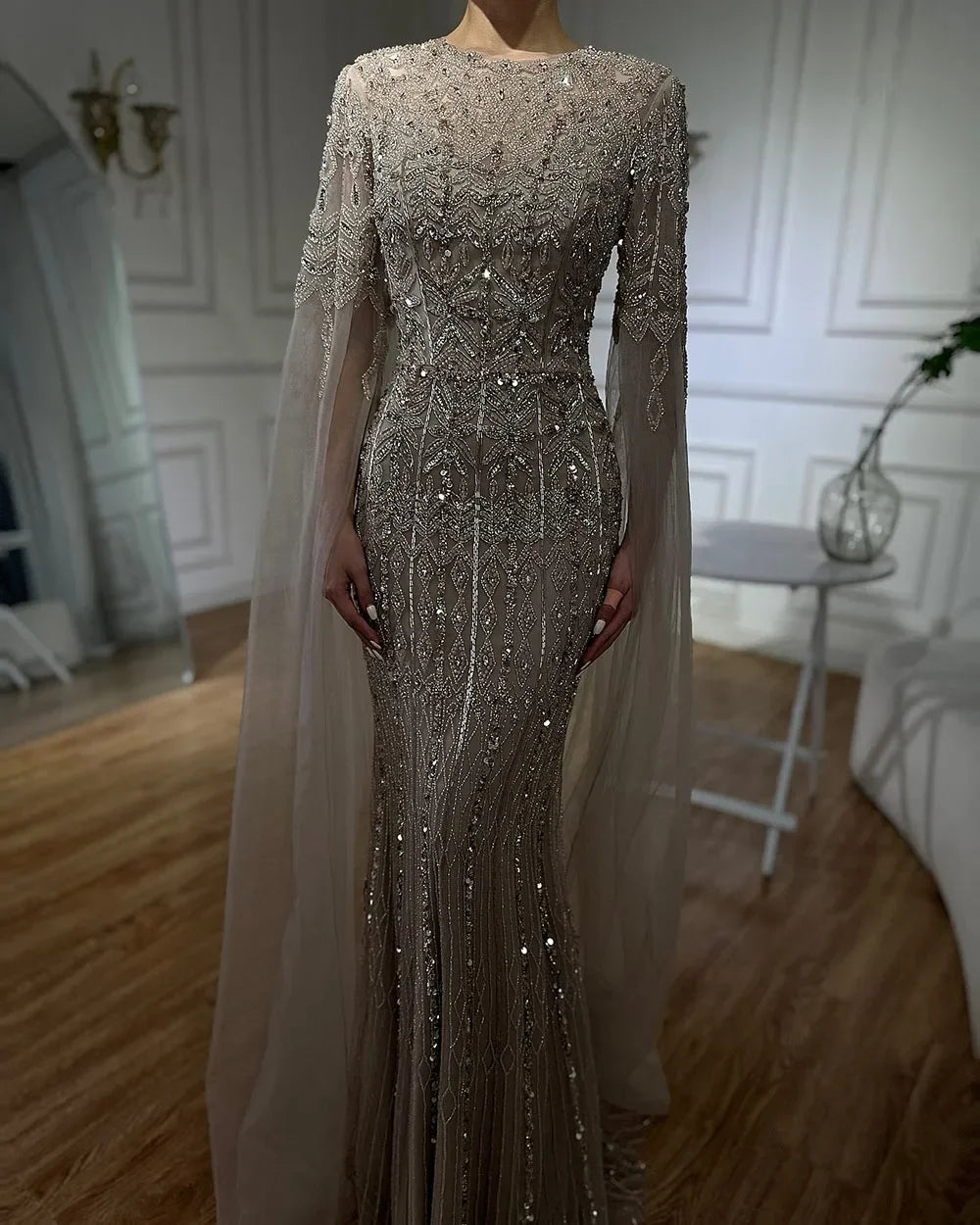 Wasisi 2024 Saudi Arabia Caramel Mermaid Elegant Cape Sleeve Luxury Beaded Evening Gown for Formal Occasion ELA72775 - Seprincess