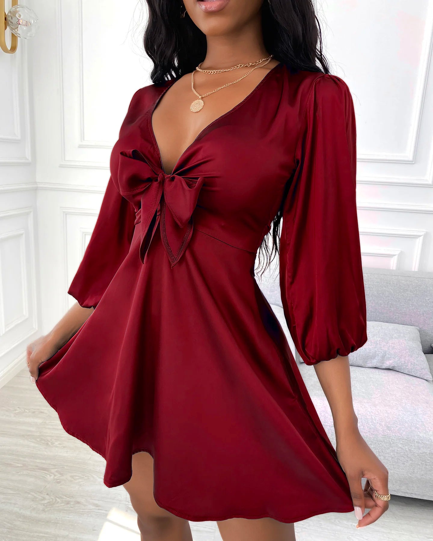 2022 New Women's Mini Satin Puff Sleeve Plunge Tie Front Dress Solid Bow Spring Summer Party Casual Chic Sexy V Neck Dress femme - Seprincess