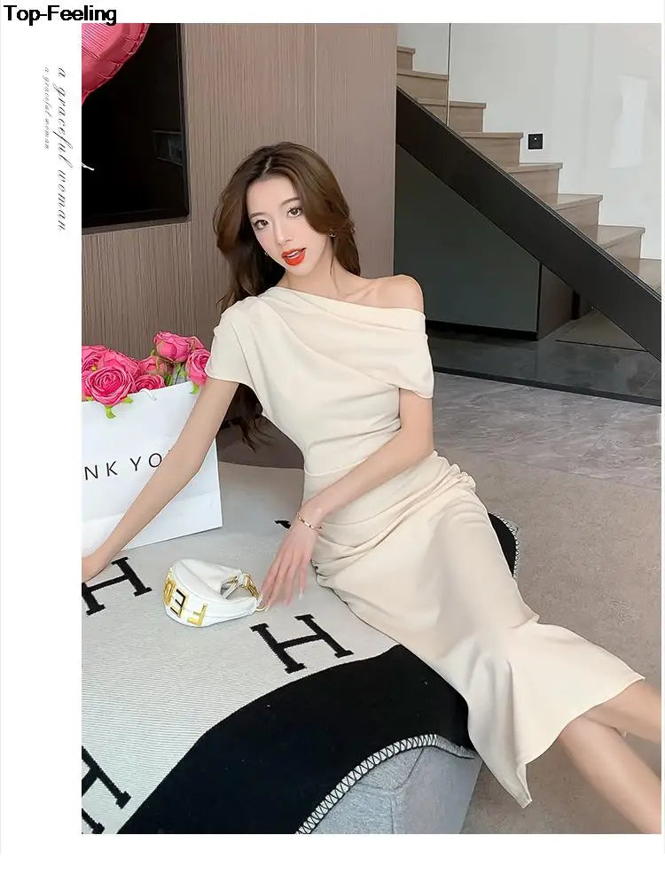 Elegant Off Shoulder Evening Party Dresses Women Summer Fashion Slim One Piece Solid Vestidos Korean Graduation Robe Clothing - Seprincess