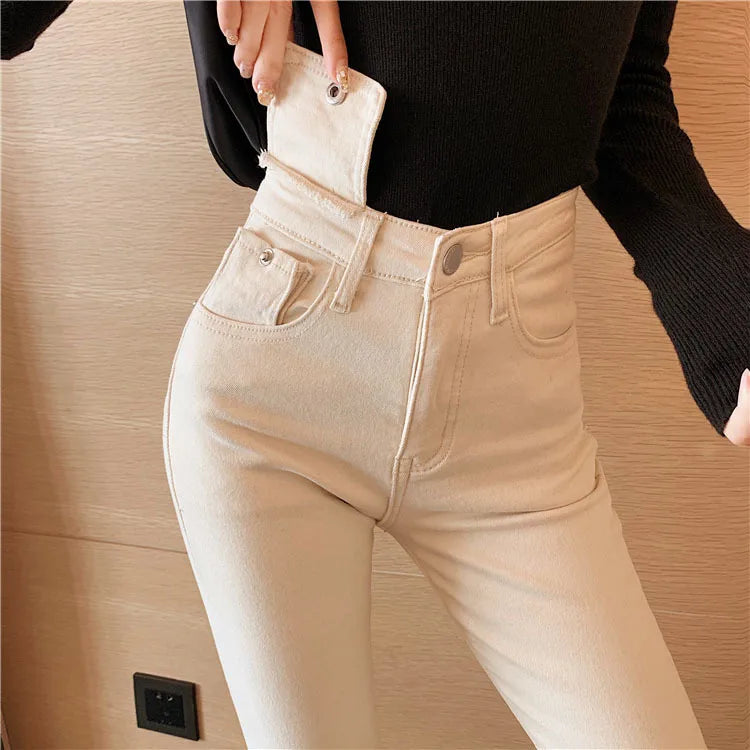 Jeans Women Spring 2023 Fashion Beige High Waist Leggings Skinny Label Pencil Pants Boots Pants