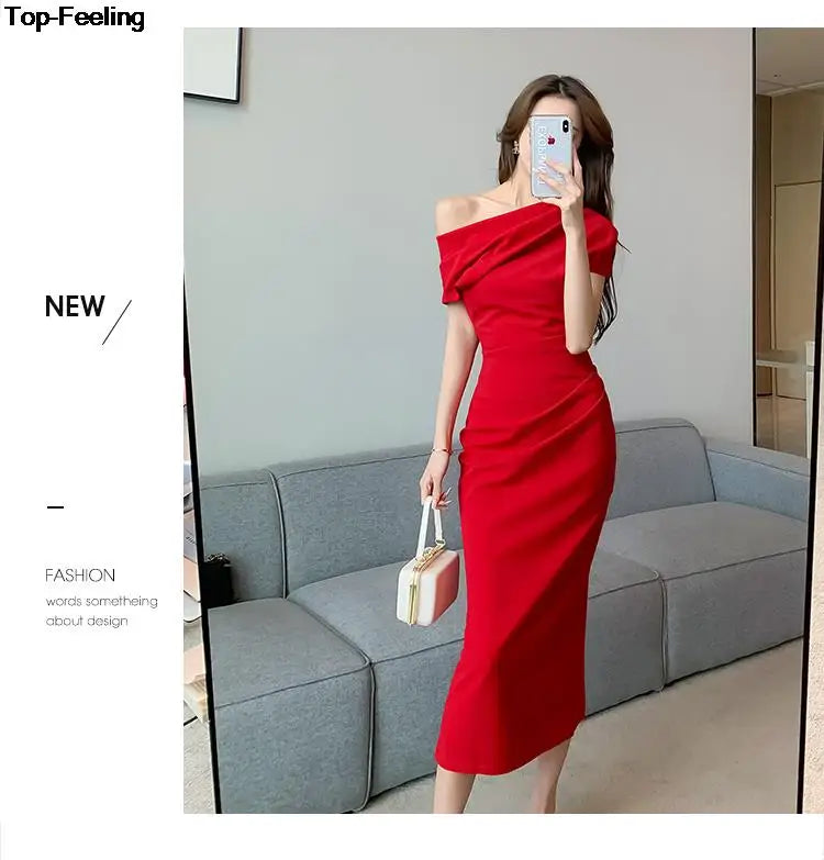 Elegant Off Shoulder Evening Party Dresses Women Summer Fashion Slim One Piece Solid Vestidos Korean Graduation Robe Clothing - Seprincess