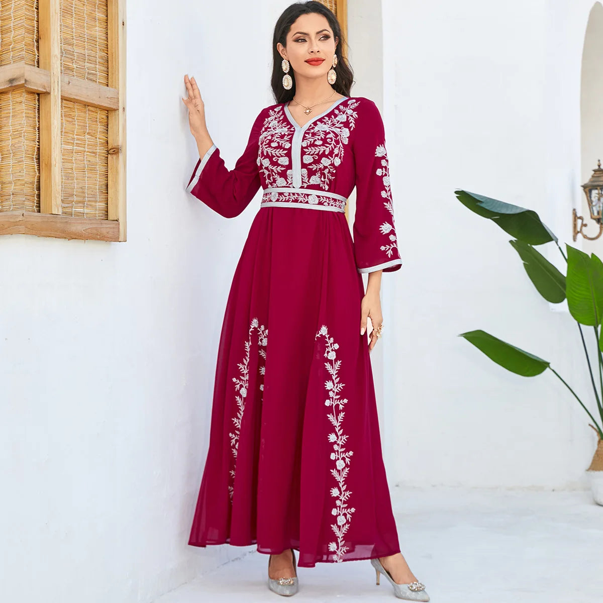 Autumn Embrodiery Eid Muslim Party Dress for Women Jalabiya Abaya Ramadan Long Dresses Abayas Woman Lace-up Caftan Vestidos Robe - Seprincess