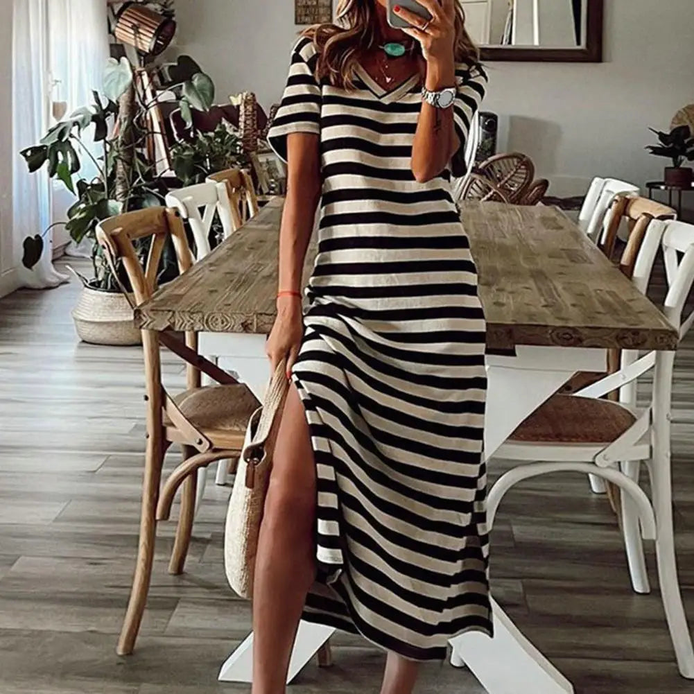 Summer Dresses 2023 Woman Plus Size Dresses For Women Casual Stripe Print V-neck Short Sleeve Loose Long Dress Robe Femme - Seprincess