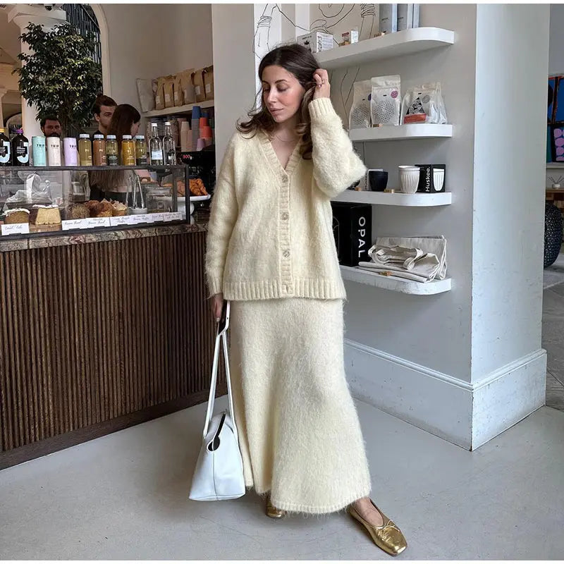 Women Elegant Solid Mohair High Waist Midi Knit Skirt Set Casual O Neck Long Sleeves Pullover Suit 2024 Autumn Lady Chic Outfits