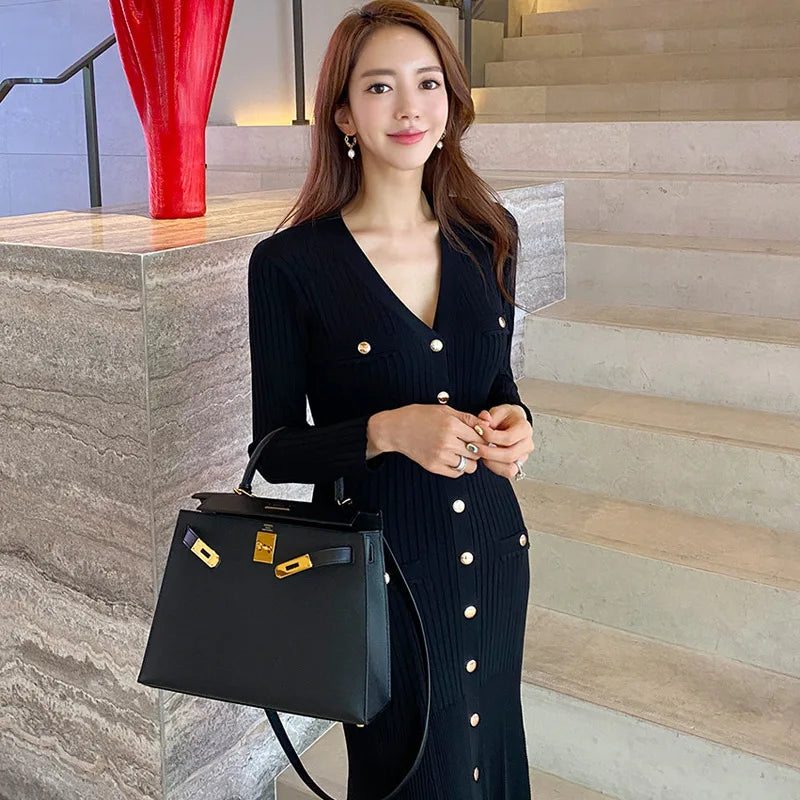 Vintage Korean Maxi Dresses for Women Party Long Sleeve V-neck Mermaid Dress Elegant Fashion Ladies Vestidos Femme Autumn 2023 - Seprincess