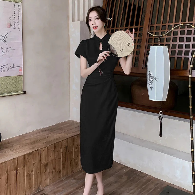 New Chinese Style Black Creamy-white Qipao Dress Women's Summer Slim Satin Modern Improved Cheongsam Evening Wear - Seprincess