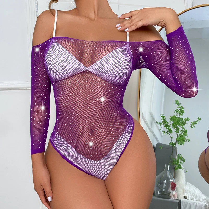 Sexy outfits lingerieBright diamond hollowed out mesh shirt with integrated perspective thong bra sets sexy woman clogs xxx - Seprincess