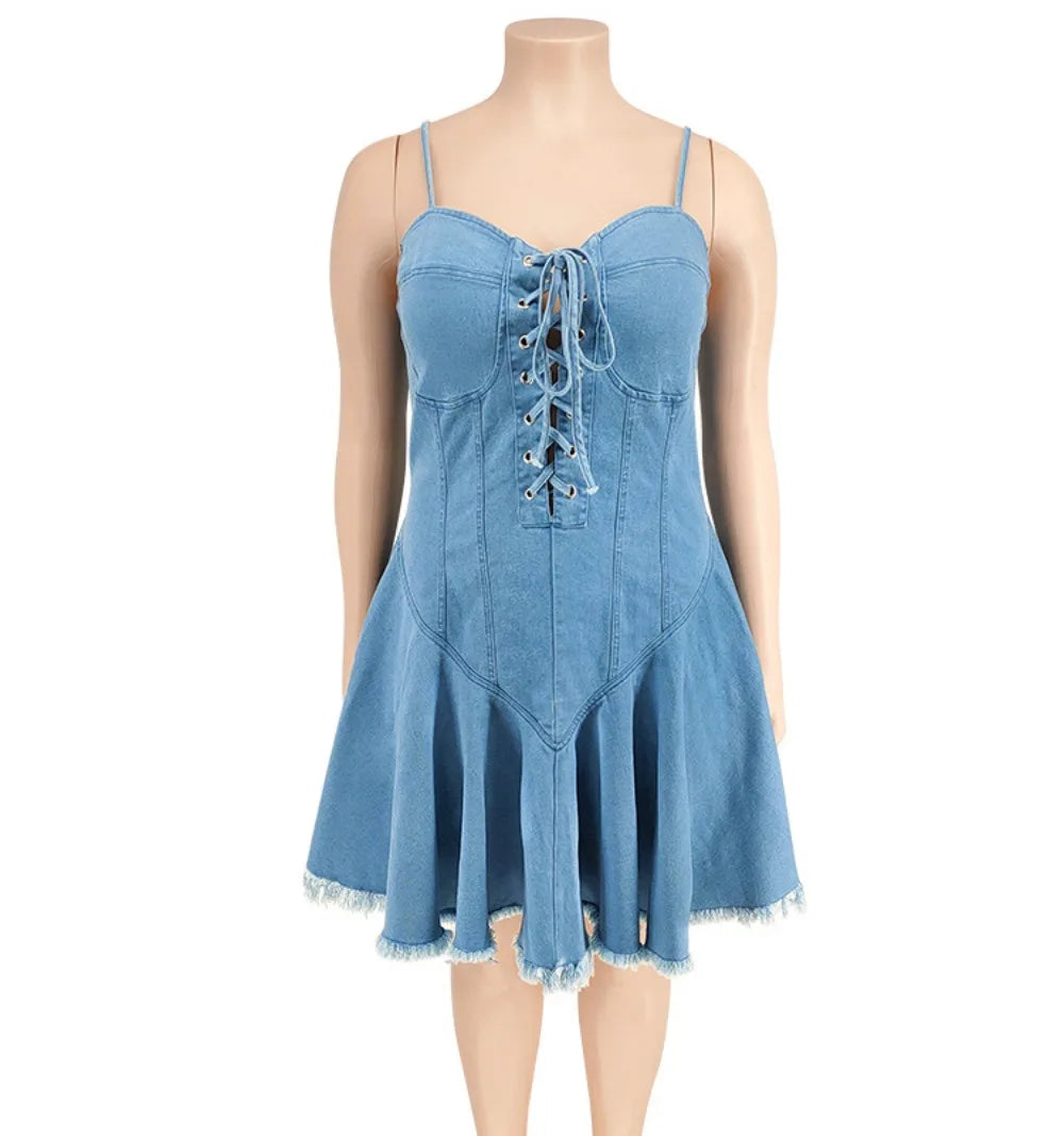 HLJ&GG Plus Size Women Denim Lace Up Suspenders Dresses Sexy Thin Sleeveless Backless Ruched Mini Dress Female Cowboy Clothing - Seprincess