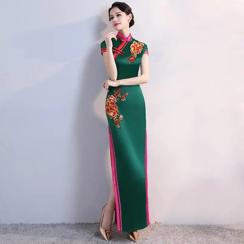 S-5XL Grren Party Cheongsam Vintage Chinese Style Spring Long Evening Dress Oriental Woman Elegant Qipao Vestido