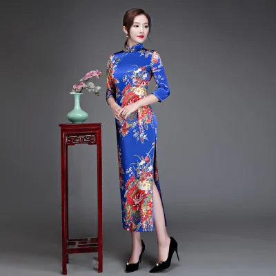 Old Shanghai Elegant Women Satin Qipao Slim 3/4 Sleeve Long Dress New Traditional Chinese Mandarin Collar Cheongsam Vestidos - Seprincess