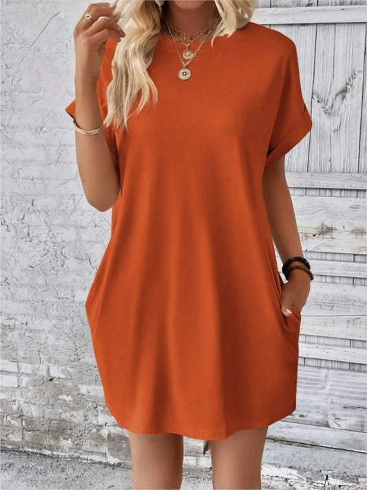 Fashion Boho Resort Style Beach Dresses For Women 2024 New Summer Solid Color O Neck Loose Short Sleeve Pocket Mini Dress Femme - Seprincess