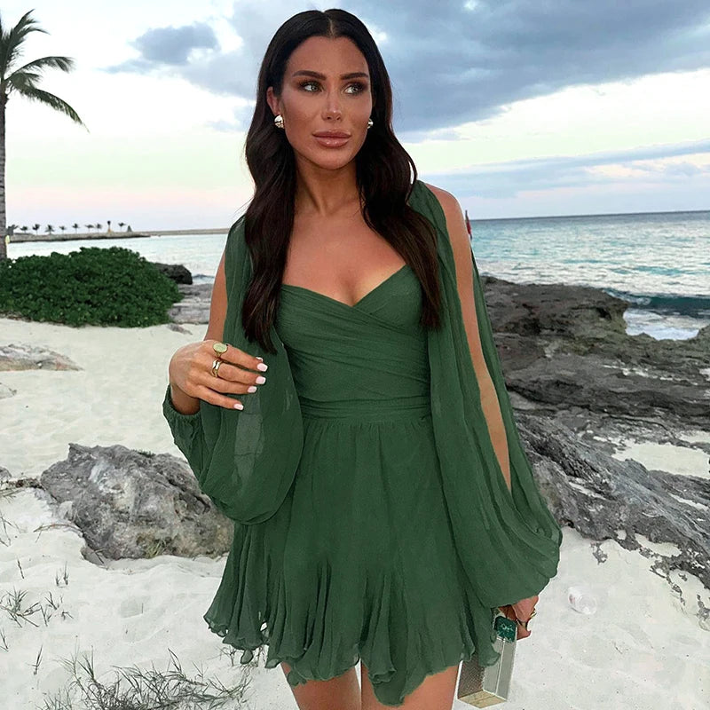 Women Hollow Out Lantern Sleeve Mini Dress Sexy Solid V Neck Green Mesh Short Vestidos Spring Summer Lady Holiday Dresses - Seprincess