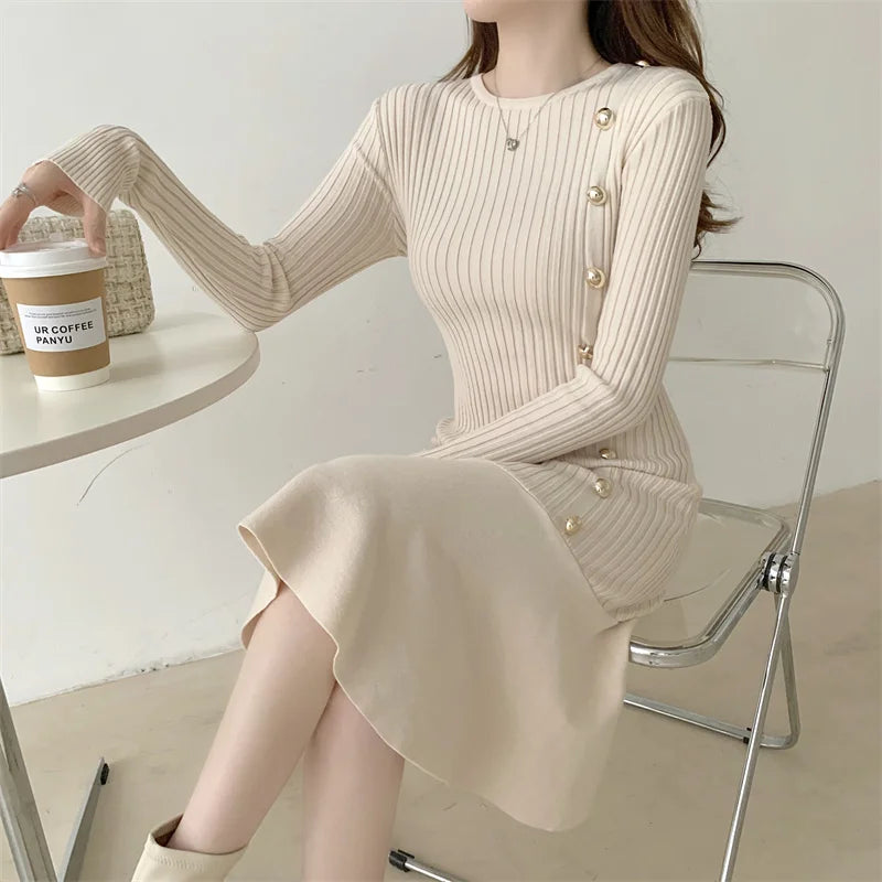 Autumn Warm Korean Fashion Woman Elegant Clothing Knitted Vintage Dresses Sweater Dress Femme Winter Vestido Feminino Thicken - Seprincess