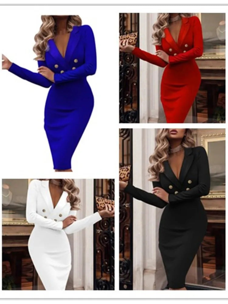 2023 Autumn Winter Solid Color V-neck Double Breasted Suit Package Hip Dresses For Women Elegant Office Ladies Bodycon Dress - Seprincess