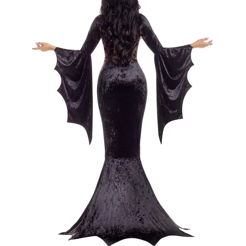 Halloween Cosplay Gothic Witch Ghost Bride Vampire Costume Winter Trumpet Sleeves Evil Witch Dress Adams Family Fishtail Dress - Seprincess