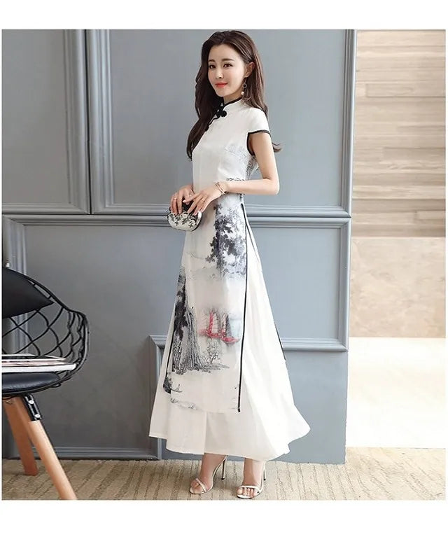 Women Chinese Traditional Hanfu Landscape Painting Cheongsam White Dance Dress Qipao Chiffon Robe Vintage Chinese Style Dresses - Seprincess