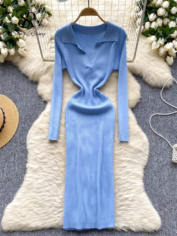 SINGREINY French Vintage Sweater Dress 2024 Ladies Lapel Long Sleeves Autumn Fashion Solid Basics Bodycon Knitted Long Dress - Seprincess