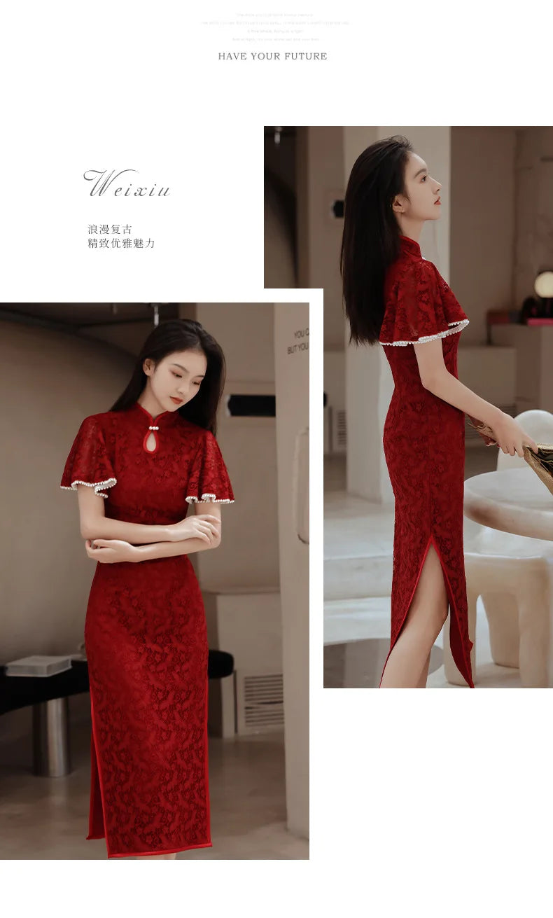 Red Cheongsam Chinese Women Lace Qipao Long Quipao Chinese Traditional Clostume Wedding Party Evening Dress Clothes - Seprincess