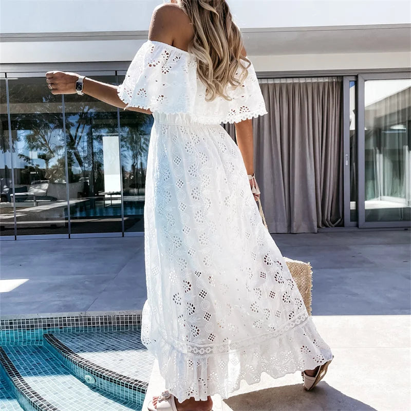 Elegant White Long Lace Dress Woman Off Shoulder Uncovered Short Sleeves Dress 2024 Summer Casual Boho Cover-ups Beachwear - Seprincess