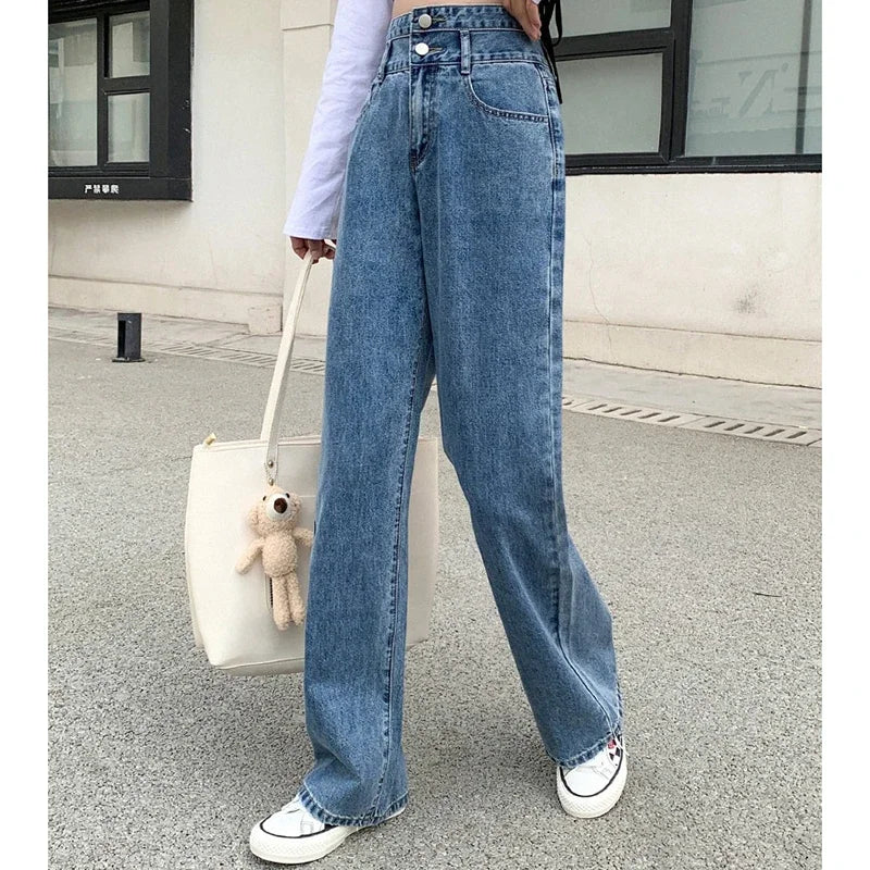 Woman High Waist Wide Leg Jeans Girls Fashion loose Straight Leg Pants Female Streetwear Light Blue Retro Blue Denim Trousers