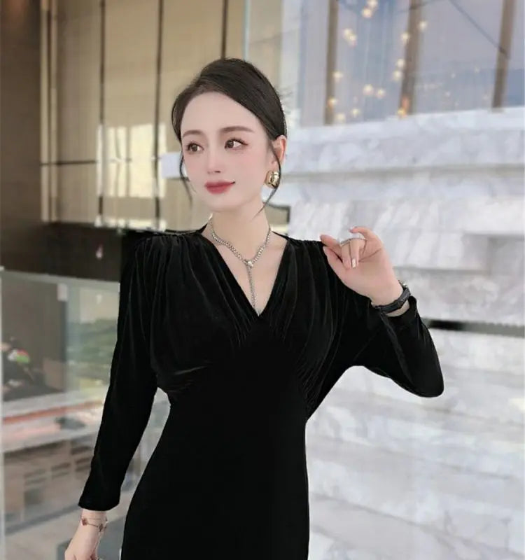 Women Vintage Gold Velvet Ruched Bodycon Elegant Evening Party Dresses Sexy V Neck Split High Waist Long Sleeve Maxi Dress Robe - Seprincess