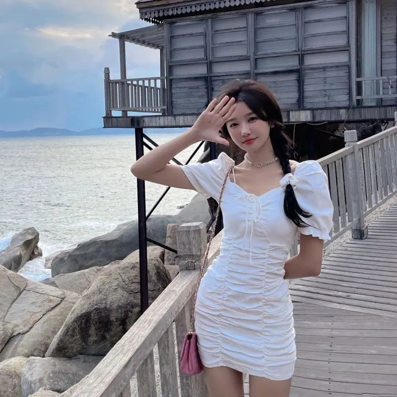 Summer 2022 New Korean Style Bubble Sleeve Pleated Drawstring Slim Dress Elegant Women's Club Party Dress Sexy Robe - Seprincess