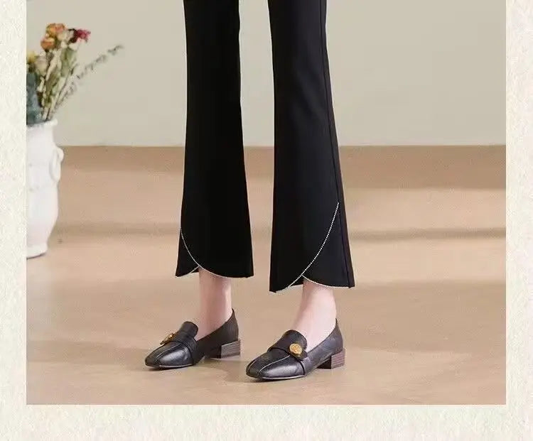 Women Korean Fashion Elegant Chic Flare Pants Autumn Winter Female Black High Waist Plush Thick Trousers Slim Pockets Pantalones