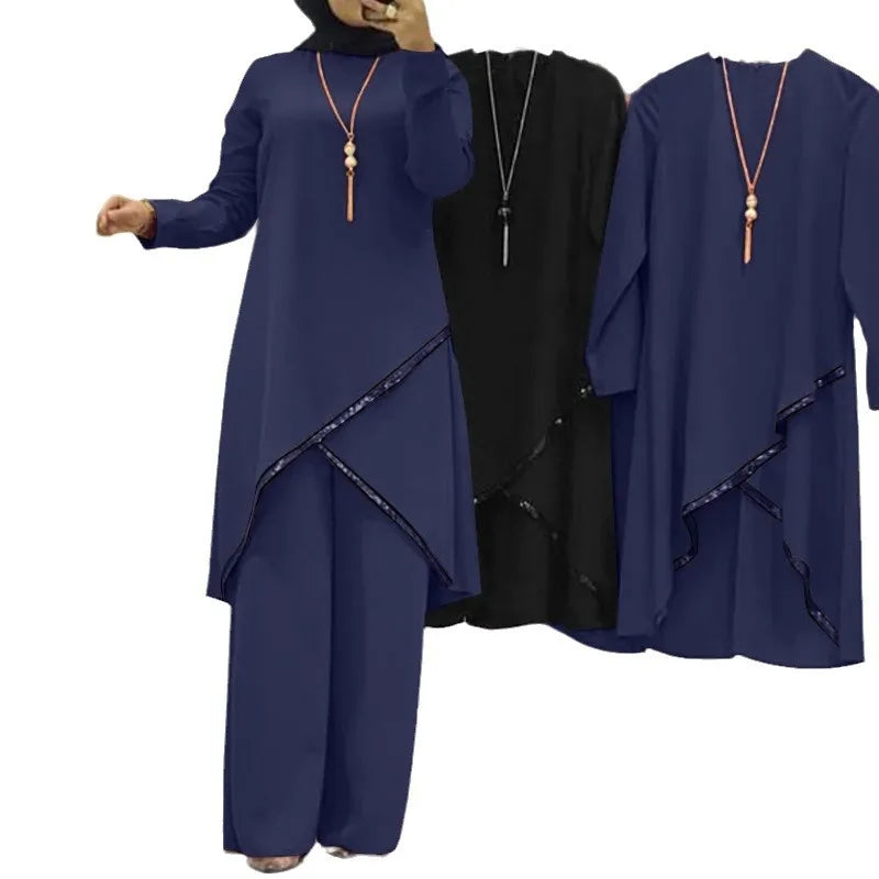 Women Eid Musulman Ensemble Muslim Sets Solid Blouses Wide Leg Pants Ramadan Morocco Two Pieces Dubai Kaftan Loose Modest - Seprincess