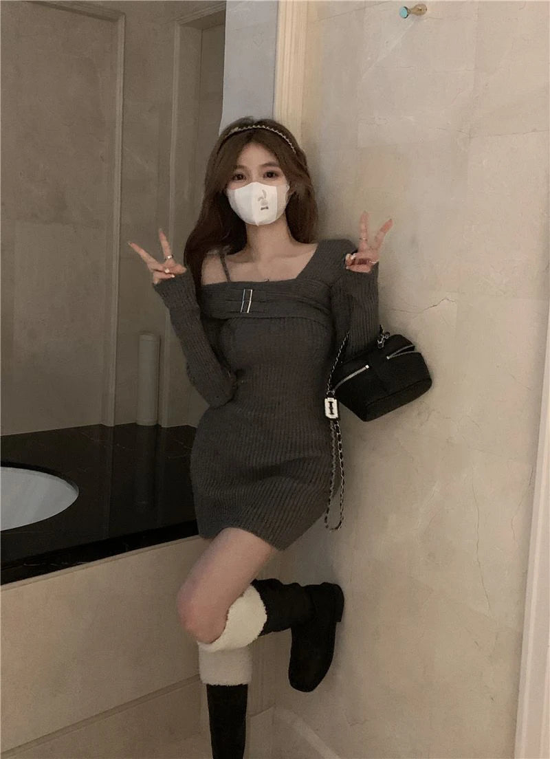 MEXZT Y2K Knitted Mini Dress Women Streetwear Sexy Off Shoulder Sweater A Line Dresses Christmas Party Korean Bodycon Vestidos - Seprincess