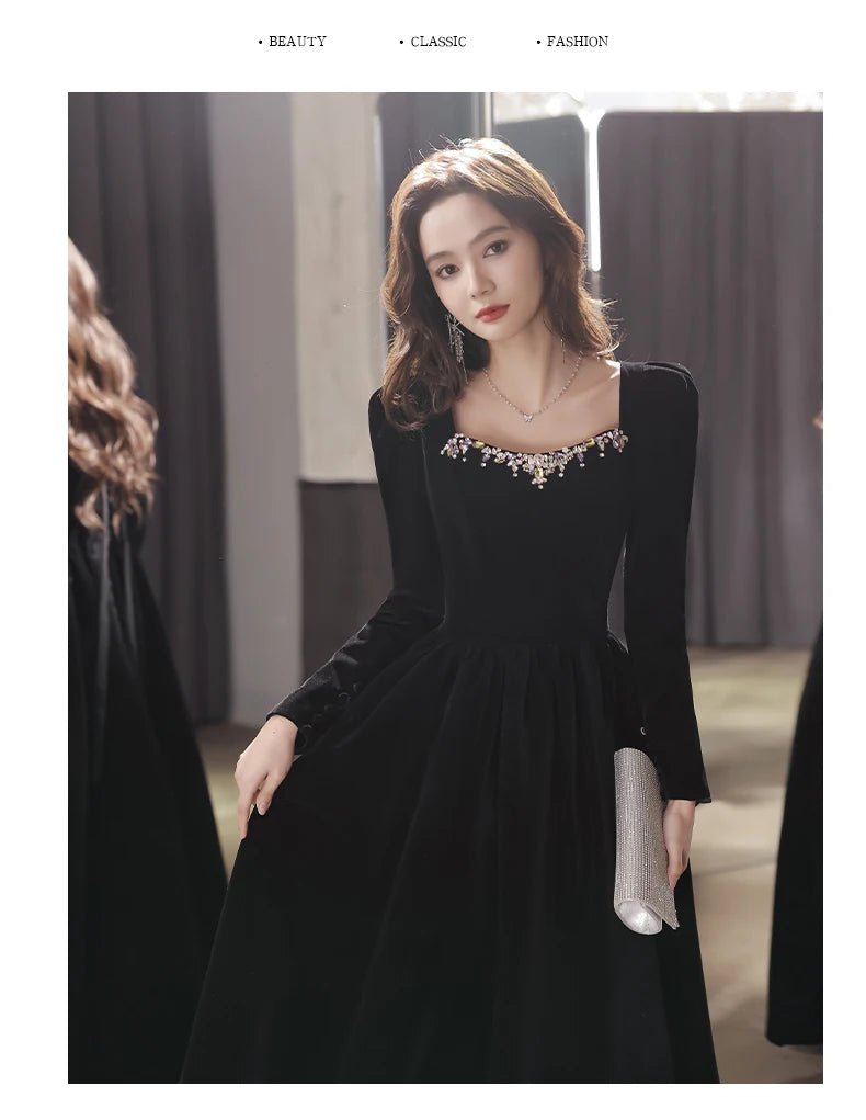 Black evening dress, high-end luxury and niche art test host, French high-end dress can usually wear long sleeves at the annual - Seprincess