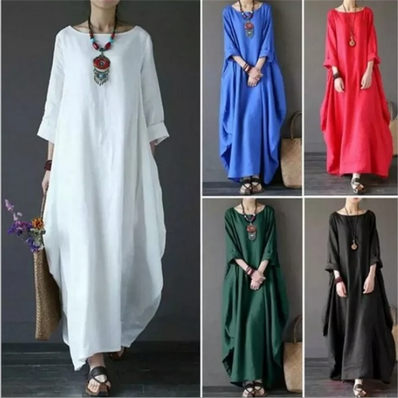 2022 Spring New Loose Size Round Neck Mid-Sleeve Large Swing Cotton And Linen Long Dress - Seprincess